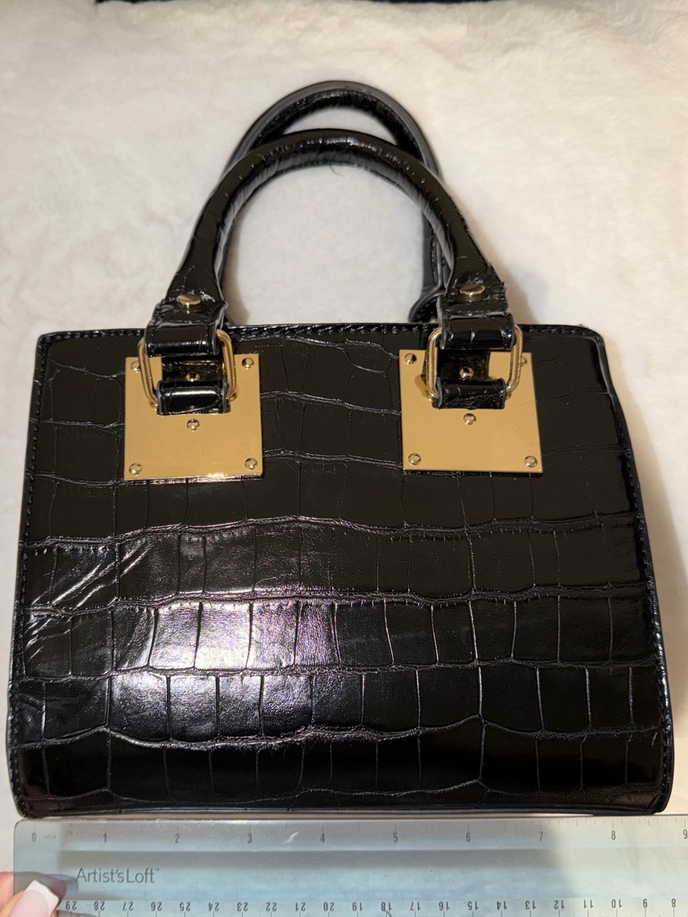 Black Croc-Embossed Top Handle Bag with Gold Hardware